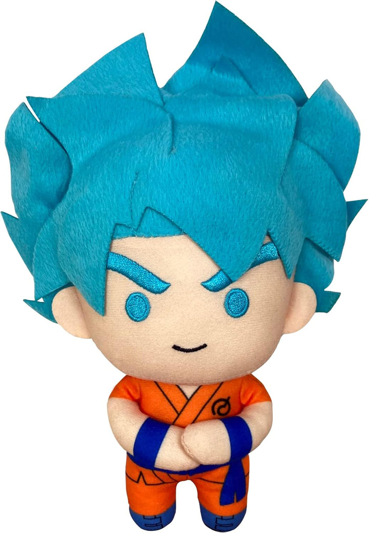 Dragon Ball Super SSGSS Goku 9 inch Plush Doll front view showing Super Saiyan Blue teal spiky hair embroidered teal eyes furrowed brow expression orange gi with Turtle School kanji blue obi sash belt and crossed-arms battle-ready pose officially licensed by Great Eastern Entertainment