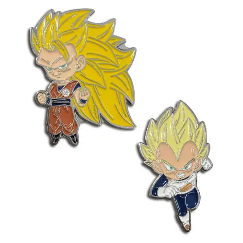 Goku and Vegeta lapel pins showing long-haired Super Saiyan 3 Goku in orange and Super Saiyan Vegeta in blue and white, set of two by Great Eastern Entertainment.