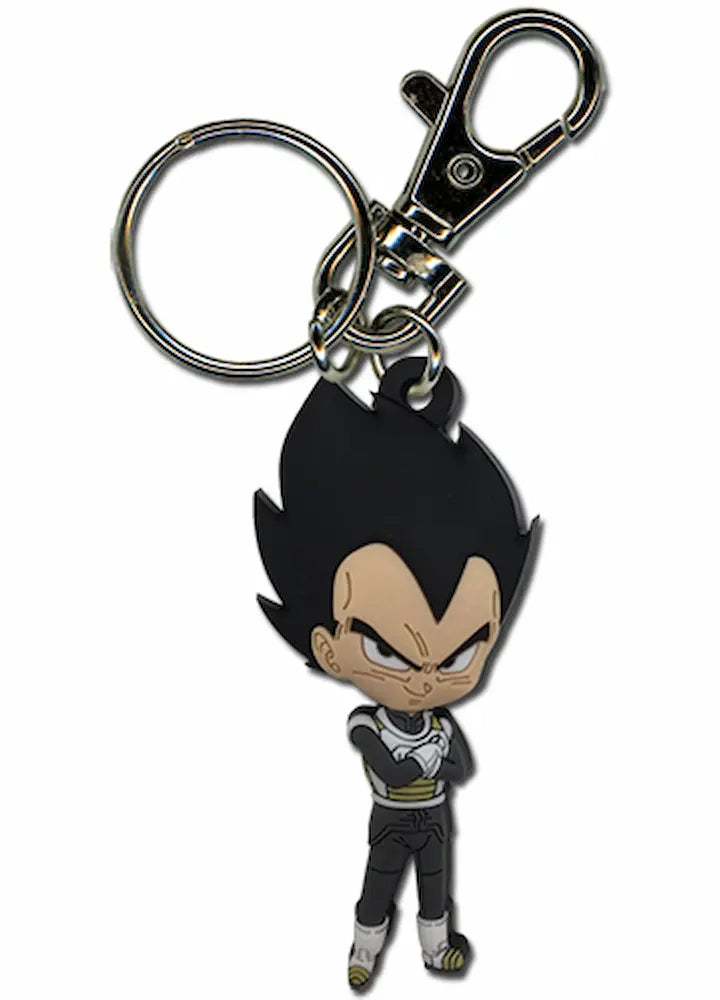 Dragon Ball Super Vegeta Whis Armor PVC keychain chibi figure showing black spiky hair stern expression black and silver training armor on metal split-ring lobster-claw clasp by Great Eastern Entertainment