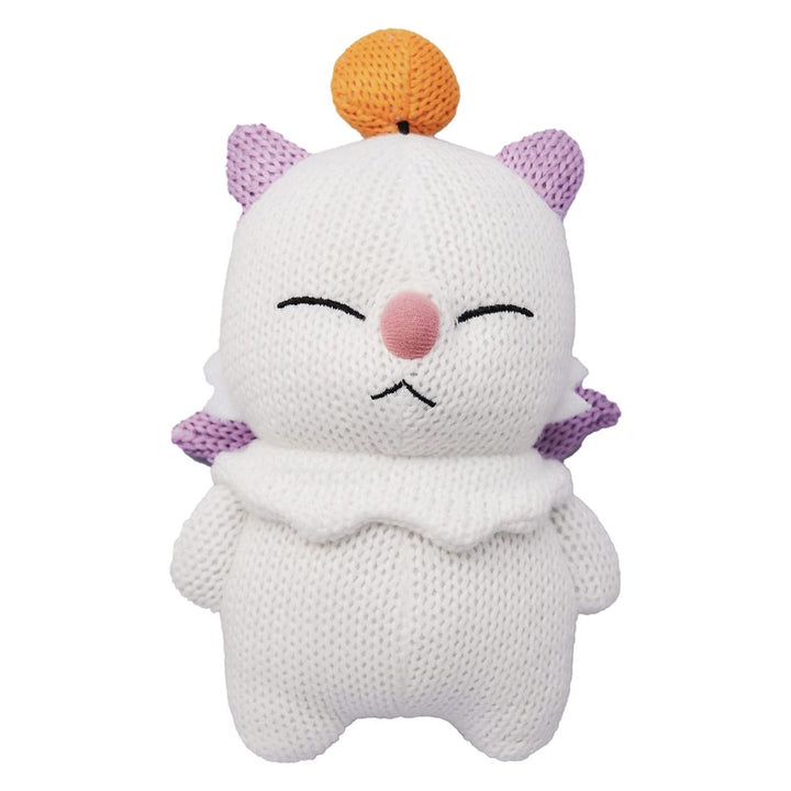 Moogle knitted plush doll with a white body, purple ears and wings, orange pom-pom, pink nose, and embroidered closed eyes, front view, Final Fantasy by Square Enix.