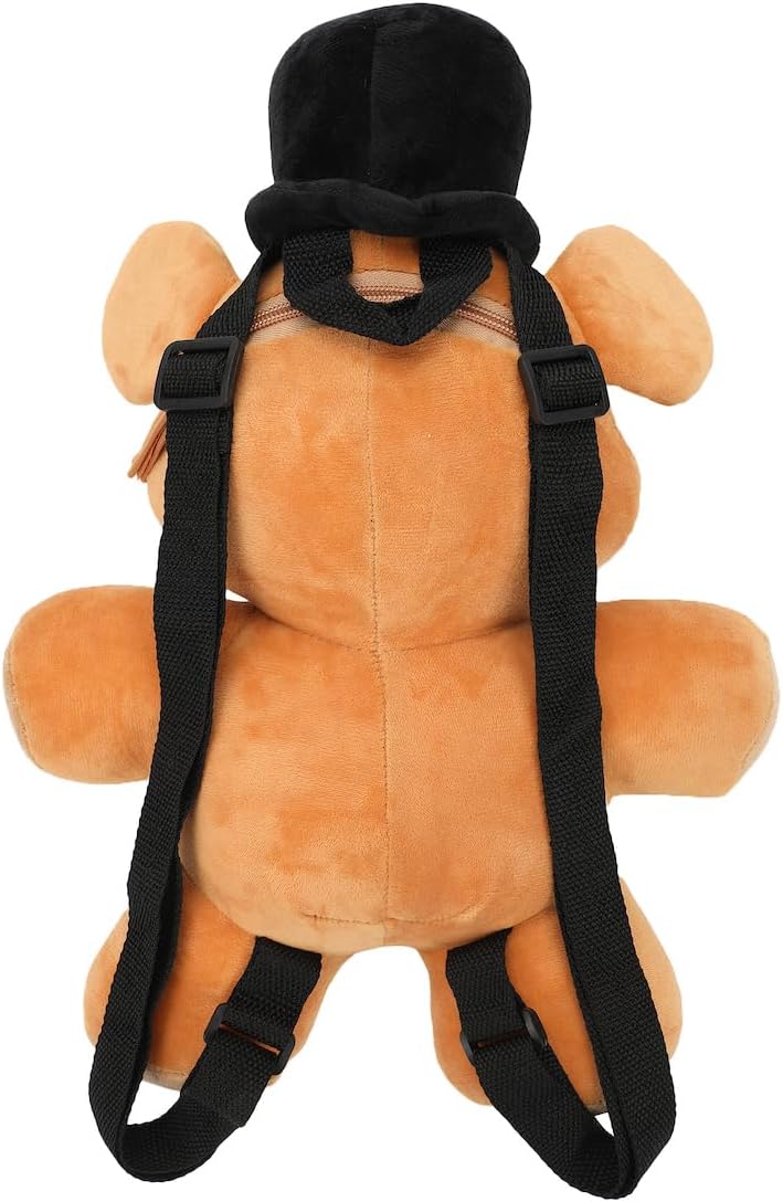 Plush toy with black straps on a white background