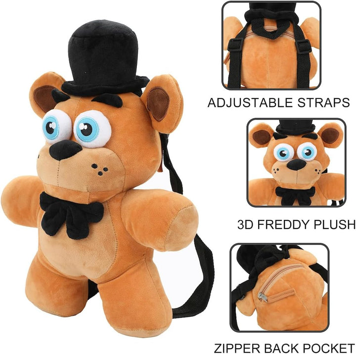 Plush toy backpack with adjustable straps, 3D Freddy design, and zipper back pocket on a white background.