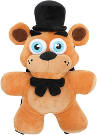 Plush toy bear with a black top hat and bow tie on a white background