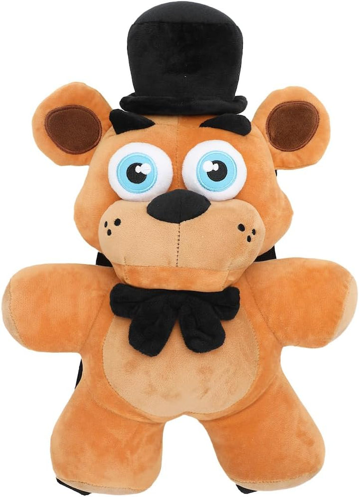 Plush toy bear with a black top hat and bow tie on a white background