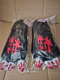 Two individually packaged Gloomy Bear black plush paw arm gloves showing red splatter graphics and white claws with red tips, Great Eastern Entertainment.
