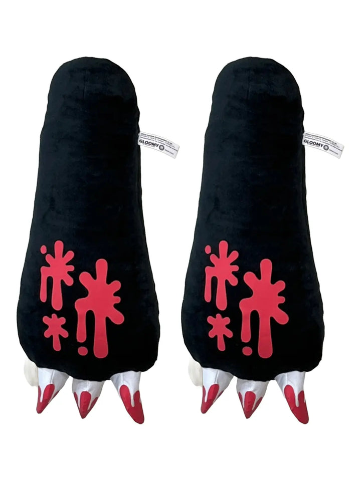 Gloomy Bear black plush paw arm gloves pair with red splatter graphics and three white, red-tipped claws per glove, front view, Great Eastern Entertainment.