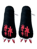 Gloomy Bear black plush paw arm gloves pair with red splatter graphics and three white, red-tipped claws per glove, front view, Great Eastern Entertainment.