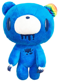 Gloomy Bear Blue Edition 8.5 inch plush doll front view showing bright blue fur white muzzle dark navy drip detail rainbow ear accent dark claws and embroidered splatter mark by Great Eastern Entertainment