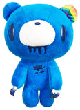 Gloomy Bear Blue Edition 8.5 inch plush doll front view showing bright blue fur white muzzle dark navy drip detail rainbow ear accent dark claws and embroidered splatter mark by Great Eastern Entertainment