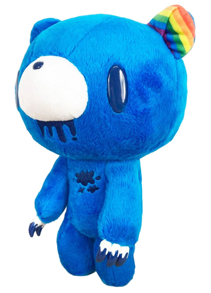 Gloomy Bear Blue Edition plush doll side angle view showing bright blue fur white muzzle navy drip detail rainbow striped ear dark claws and embroidered splatter mark by Great Eastern Entertainment
