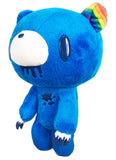 Gloomy Bear Blue Edition plush doll side angle view showing bright blue fur white muzzle navy drip detail rainbow striped ear dark claws and embroidered splatter mark by Great Eastern Entertainment