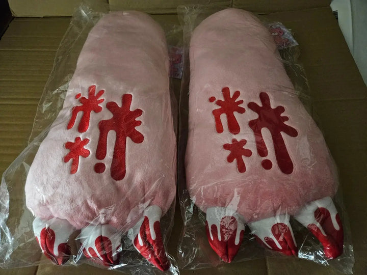 Both Gloomy Bear Costume Plush Paw Arm Gloves shown in individual poly bag packaging front view displaying pink plush surface with dark red blood splatter graphic and red-tipped white claws officially licensed by Great Eastern Entertainment