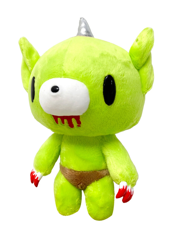 Green goblin gloomy bear plush toy with black eyes, blood red nails, and a small horn on a white background