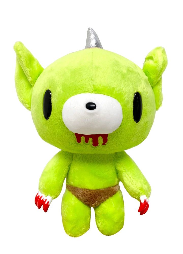 Green goblin gloomy bear plush toy with a horn on a white background