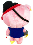 Back view of Gloomy Bear Pink Pirate 9 inch Plush Doll showing pink plush construction black eyepatch strap crossing head diagonally black captain hat blue vest back grey hook yellow peg leg and black hanging strap at top officially licensed by Great Eastern Entertainment under Mori Chack