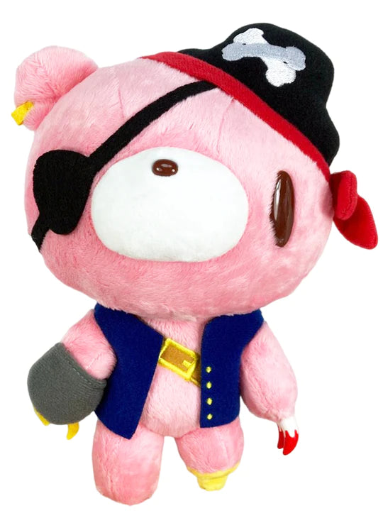Gloomy Bear Pink Pirate 9 inch Plush Doll front view showing pink Gloomy Bear in black skull-and-crossbones captain hat with red bandana black eyepatch blue pirate vest with gold buckle grey hook yellow peg leg and red dark-cute claw detail officially licensed by Great Eastern Entertainment under Mori Chack