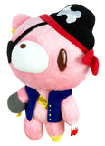 Three quarter angle view of Gloomy Bear Pink Pirate 9 inch Plush Doll showing skull-and-crossbones captain hat detail red bandana at ear grey hook arm blue pirate vest with yellow buttons and Gloomy Bear blank stare expression officially licensed by Great Eastern Entertainment under Mori Chack