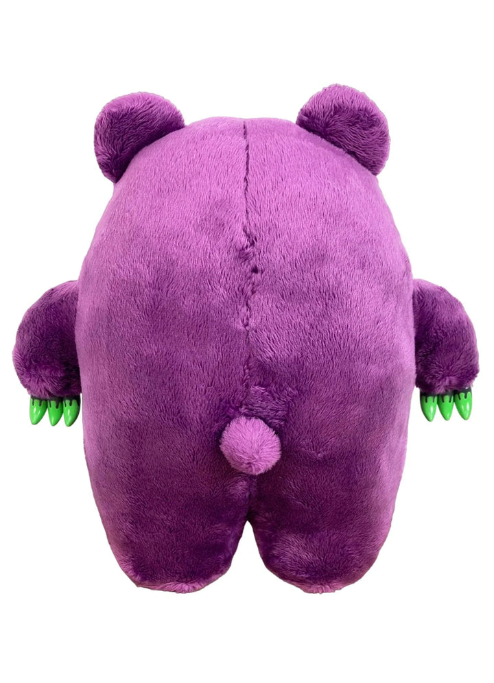 A fluffy purple plush toy bear viewed from the back, showing two small round ears and a tiny tail. Green claws on its arms add a playful touch.