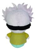 Satoru Gojo plush doll showing spiky white fabric hair, the black blindfold band, olive shirt, and mint trousers from behind, seated rear view, Jujutsu Kaisen by Great Eastern Entertainment.