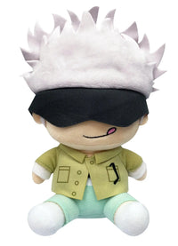 Satoru Gojo plush doll with spiky white hair, a black blindfold, stitched tongue-out smile, olive shirt, mint trousers, and white shoes, seated front view, Jujutsu Kaisen by Great Eastern Entertainment.