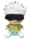 Satoru Gojo plush doll with spiky white hair, a black blindfold, stitched tongue-out smile, olive shirt, mint trousers, and white shoes, seated front view, Jujutsu Kaisen by Great Eastern Entertainment.