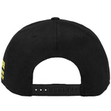 Jurassic Park Park Ranger Logo adult black snapback hat back view showing adjustable snapback closure with adjustment holes structured black crown and yellow Park Ranger embroidered text on left side panel by Bioworld