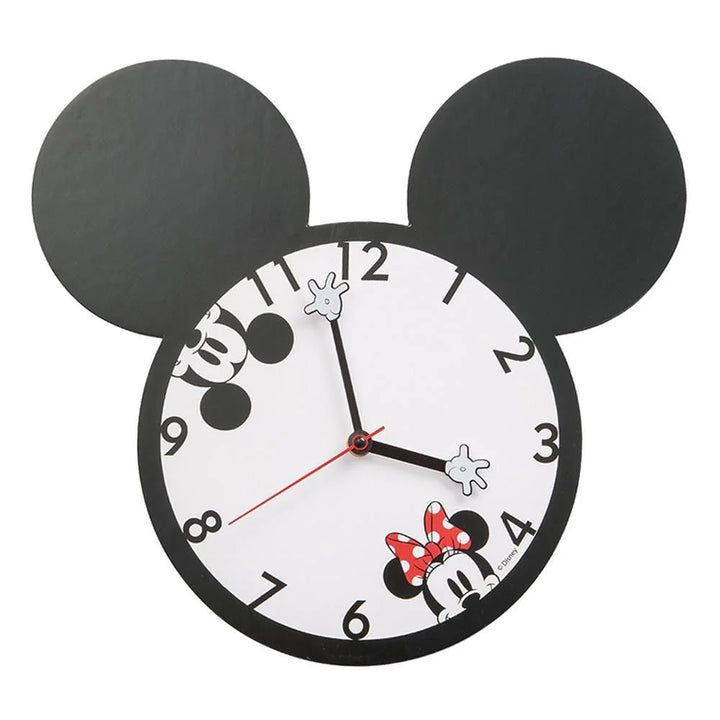 Mickey and Minnie Mouse Wall Clock With Ears front view showing matte black Mickey ear silhouette frame white decoupage clock face with Mickey eyes and Minnie Mouse peeking in red polka dot bow and white Mickey glove clock hands officially licensed by Disney Bioworld