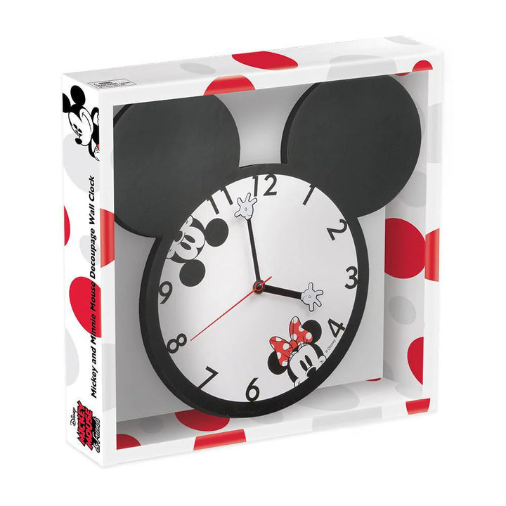 Mickey and Minnie Mouse Wall Clock With Ears in branded red and white polka dot Disney gift box showing clock with Mickey ear silhouette frame official Disney Mickey Mouse Classics branding by Bioworld