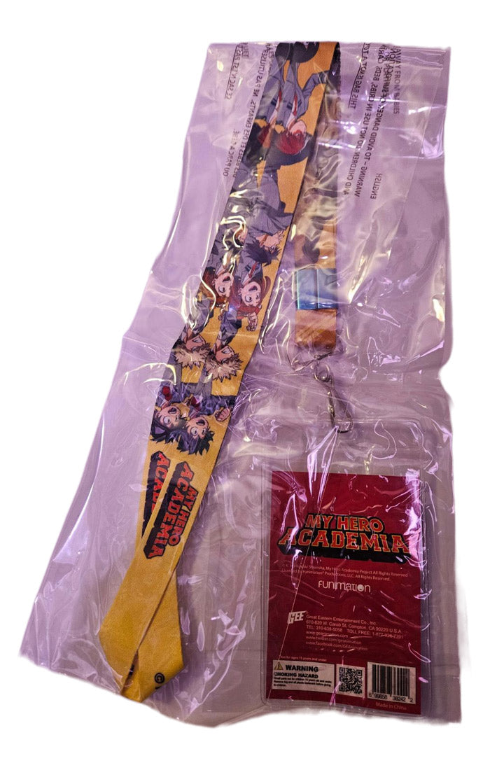 My Hero Academia Class 1-A lanyard back view showing yellow strap character print and official Funimation licensing tag by Great Eastern Entertainment