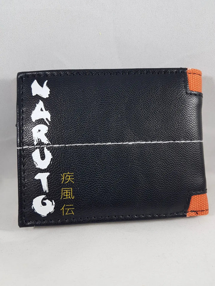 Naruto Leaf Village bi-fold wallet back view showing black faux leather panel with Naruto Shippuden logo white text and Japanese kanji with orange canvas band top and bottom by Bioworld