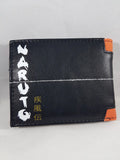 Naruto Leaf Village bi-fold wallet back view showing black faux leather panel with Naruto Shippuden logo white text and Japanese kanji with orange canvas band top and bottom by Bioworld