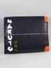 A black textured leather bi-fold wallet featuring 'NARUTO' in white brushstroke lettering and Japanese characters in gold, with orange fabric corner accents, shown on a light gray background.