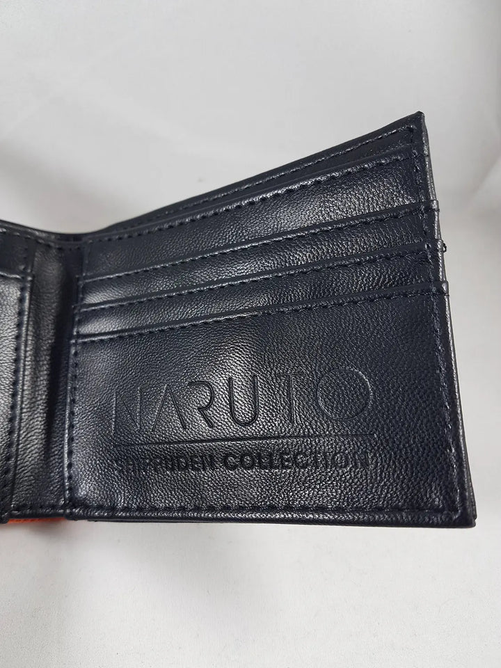 Close-up of Naruto Leaf Village bi-fold wallet interior right panel showing multiple black faux leather card slots and debossed Naruto Shippuden Collection branding by Bioworld