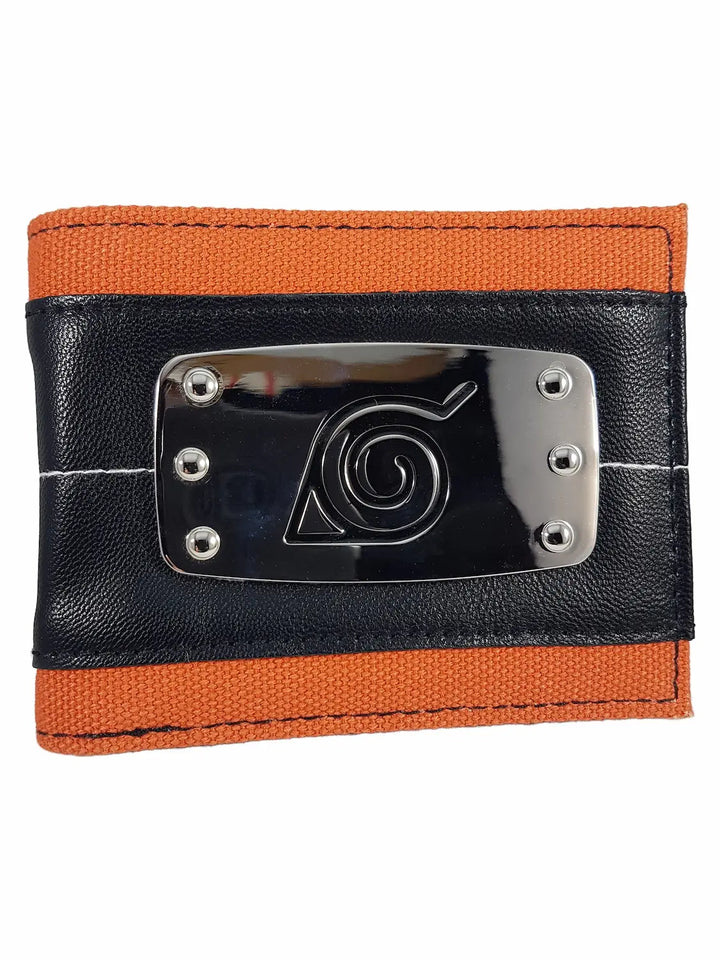 Naruto Leaf Village Metal Badge bi-fold wallet front view showing orange canvas band black faux leather center panel and etched silver metal Konoha badge with four corner rivets by Bioworld