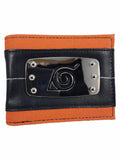 Naruto Leaf Village Metal Badge bi-fold wallet front view showing orange canvas band black faux leather center panel and etched silver metal Konoha badge with four corner rivets by Bioworld