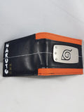 Naruto Leaf Village bi-fold wallet open front angle showing orange canvas band black faux leather exterior Naruto Shippuden logo kanji and etched metal Konoha badge by Bioworld