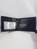 Naruto Leaf Village bi-fold wallet open interior view showing clear ID window on left multiple card slots on right and debossed Naruto Shippuden branding on black faux leather by Bioworld