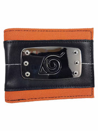 A Naruto-themed bifold wallet featuring an orange canvas border, a black faux-leather center, and a metallic silver plate with the Naruto Uzumaki head symbol.