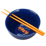 Naruto Uzumaki ceramic ramen bowl top down view showing navy blue interior with Naruto logo printed in orange and yellow on bowl base with orange chopsticks by Bioworld