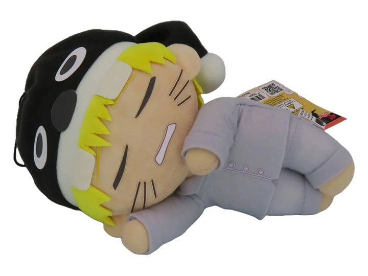 Naruto Uzumaki sleeping plush in gray pajamas and a black-and-white cap, angled view, by Great Eastern Entertainment.
