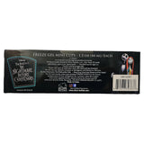 Back of Disney Nightmare Before Christmas freeze gel mini cups box showing Silver Buffalo licensing details care instructions ages 21 plus freeze gel upside down in freezer 2 to 4 hours cold beverages only hand wash only not dishwasher safe barcode 810038308838