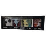 Disney Tim Burtons The Nightmare Before Christmas freeze gel mini cups box front showing all 4 cups in black retail packaging with Freeze Gel Mini Cups 1.5 oz 44 ml text and character art for Jack Skellington Sally Oogie Boogie and Zero officially licensed by Silver Buffalo