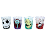 Disney Nightmare Before Christmas freeze gel mini cups set of 4 showing Jack Skellington on black background Sally on purple Oogie Boogie on teal and Zero on red background each 1.5 oz 44 ml clear plastic double-wall design officially licensed by Silver Buffalo