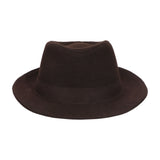 Freddy Krueger cosplay fedora showing its dark brown crown, tonal hatband, and broad brim from the front, A Nightmare on Elm Street by Bioworld.