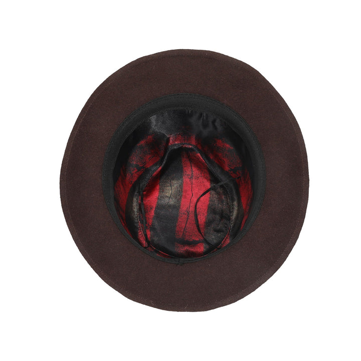 Freddy Krueger cosplay fedora viewed from underneath, showing red-and-black interior artwork and a dark inner band, A Nightmare on Elm Street by Bioworld.