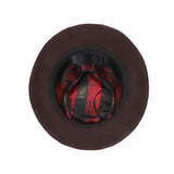 Freddy Krueger cosplay fedora viewed from underneath, showing red-and-black interior artwork and a dark inner band, A Nightmare on Elm Street by Bioworld.
