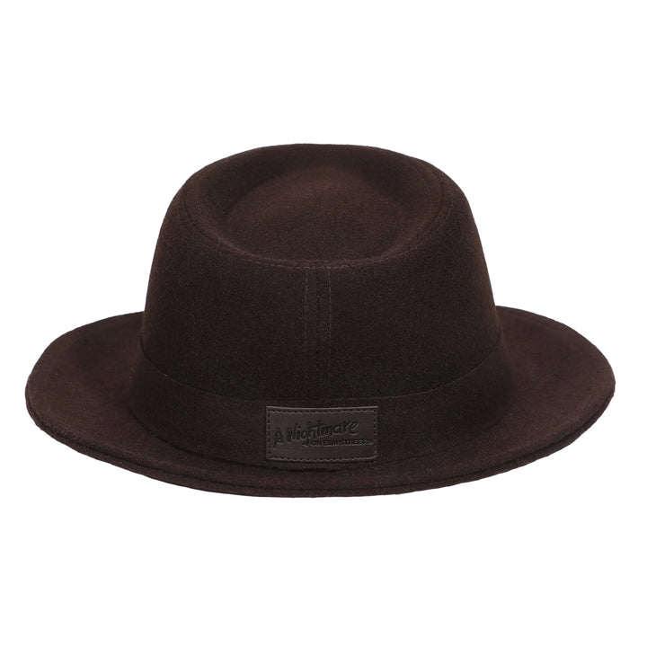 Freddy Krueger dark brown cosplay fedora showing the tonal A Nightmare on Elm Street patch, border stitching, and crown seam, Bioworld.