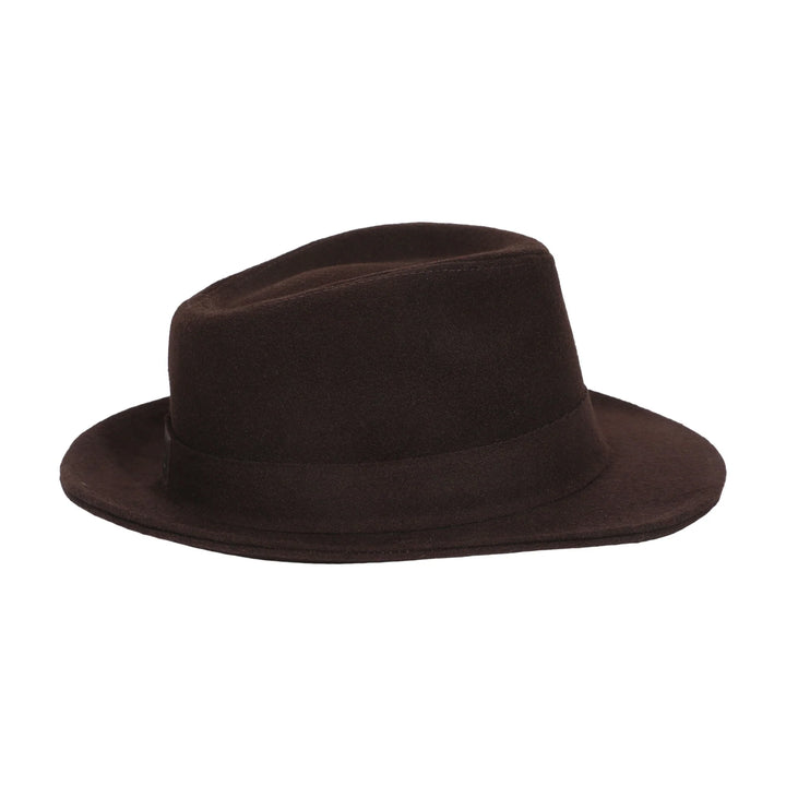 Freddy Krueger cosplay fedora in dark brown with a shaped crown and curved brim, side view, A Nightmare on Elm Street by Bioworld.