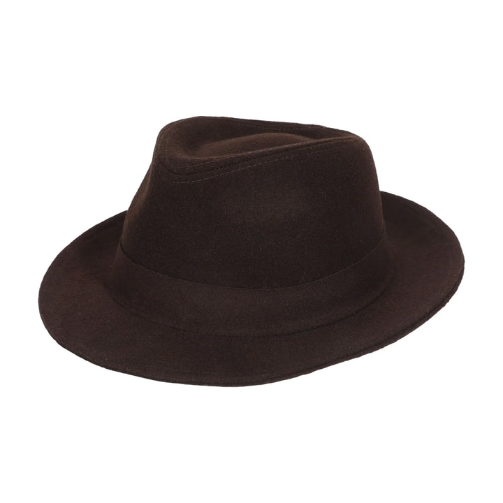 Freddy Krueger cosplay fedora with a dark brown crown, shaped brim, and tonal hatband, three-quarter view, A Nightmare on Elm Street by Bioworld.