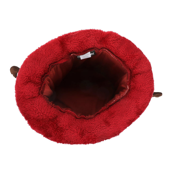 bottom and inside of red plush hat with antlers on a white background